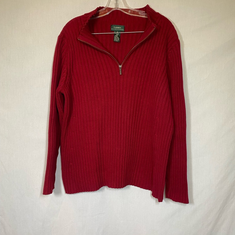 Ralph Lauren Ribbed Quarter‑Zip Sweater in Dark Red - Picture 2 of 5